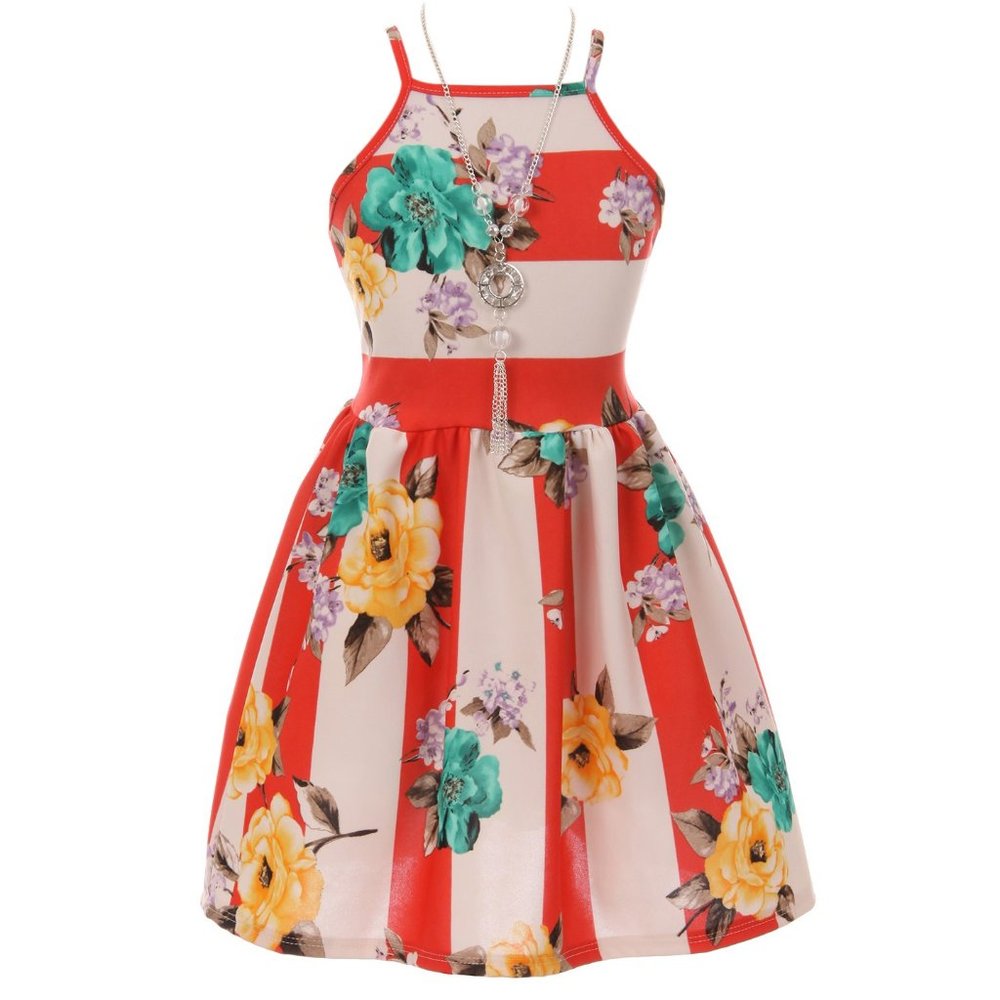 Girl Sleeveless Floral Graduation Holiday Easter Flower Girl Dress School Stripe